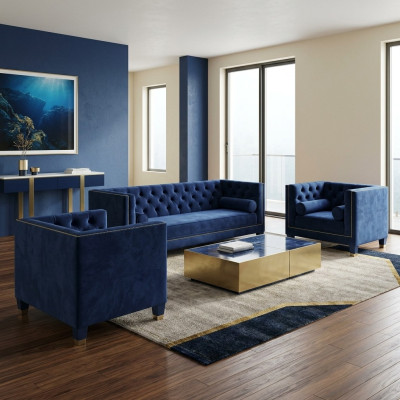Chesterfield Blauw bankstel 3-delig set bank uitvoeringen zitkussen groep