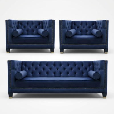 Chesterfield Blauw bankstel 3-delig set bank uitvoeringen zitkussen groep