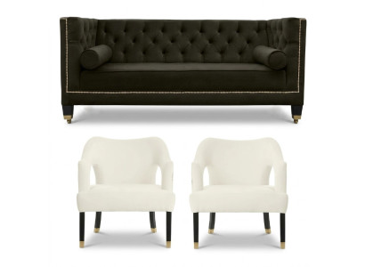 Chesterfield + 2 Stoelen Zwart Wit XXL Groot Textiel Stof Bank Creatief