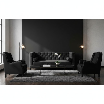 Zwarte bankstel, driezitsbank, fauteuil, gestoffeerde bankstel, 3+1+1.