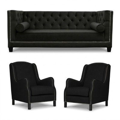 Zwarte bankstel, driezitsbank, fauteuil, gestoffeerde bankstel, 3+1+1.