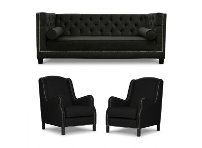 Zwarte bankstel, driezitsbank, fauteuil, gestoffeerde bankstel, 3+1+1.
