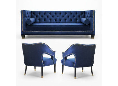 Luxe blauwe Chesterfield bankstel Fauteuil + Driezitsbank 3+1+1 Set