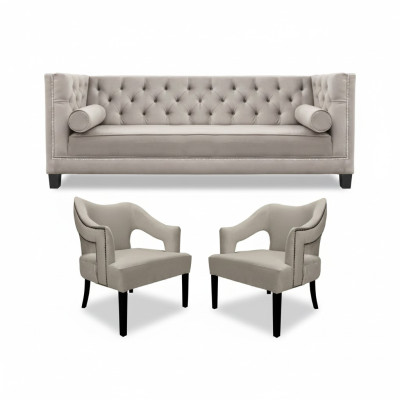 Beige Chesterfield bankstel Gestoffeerd Zitgroep Set van 3 stuks