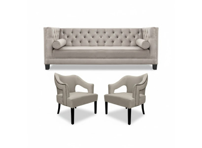 Beige Chesterfield bankstel Gestoffeerd Zitgroep Set van 3 stuks