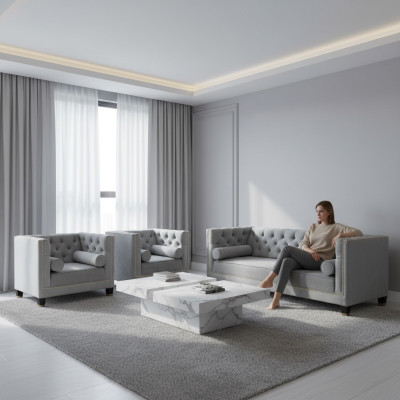 Bankstel Grijs Chesterfield Fauteuil Luxe meubels Textiel Stof Woonkamer Nieuw