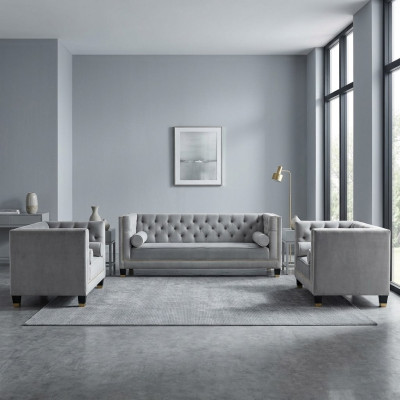 Bankstel Grijs Chesterfield Fauteuil Luxe meubels Textiel Stof Woonkamer Nieuw