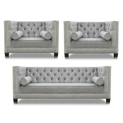 Bankstel Grijs Chesterfield Fauteuil Luxe meubels Textiel Stof Woonkamer Nieuw