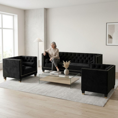 Zwarte Chesterfield woonkamerset met fauteuil en driezitsbank 3-delig.