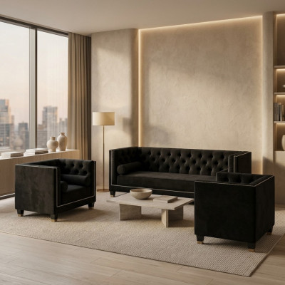 Zwarte Chesterfield woonkamerset met fauteuil en driezitsbank 3-delig.