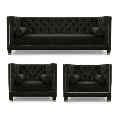 Zwarte Chesterfield woonkamerset met fauteuil en driezitsbank 3-delig.