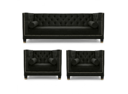 Zwarte Chesterfield woonkamerset met fauteuil en driezitsbank 3-delig.
