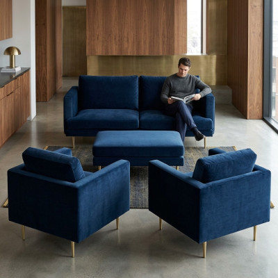 Bank Groep zitstoel Poef Meubels Textiel Stof Blauw Tweezits Woonkamer nieuw