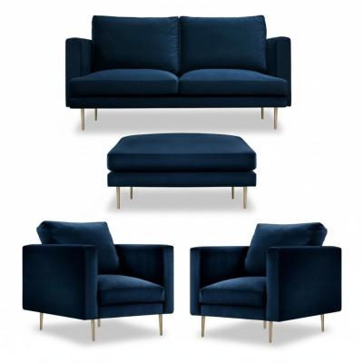 Bank Groep zitstoel Poef Meubels Textiel Stof Blauw Tweezits Woonkamer nieuw