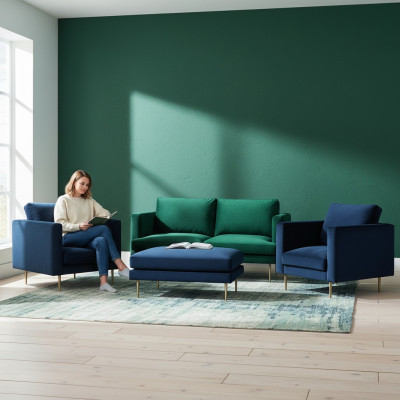 Sofagroep Groen Poef Fauteuil Woonkamer Meubel Textiel Stof Banken Nieuw