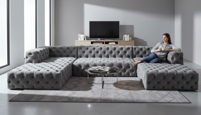 Chesterfield U-vorm Bank Grijs XXL Groot Textiel Stof Bank Luxe Meubels Bekleding