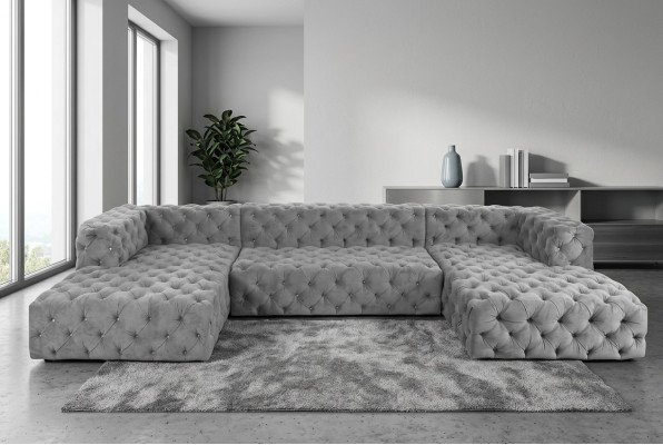 Chesterfield U-vorm Bank Grijs XXL Groot Textiel Stof Bank Luxe Meubels Bekleding