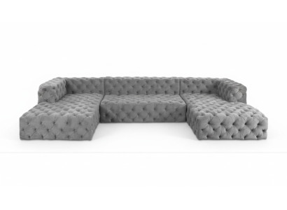Chesterfield U-vorm Bank Grijs XXL Groot Textiel Stof Bank Luxe Meubels Bekleding