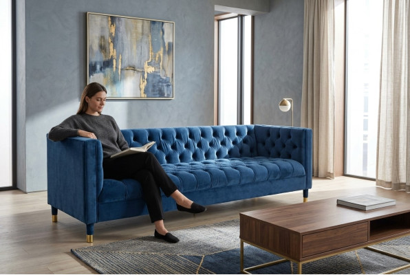 Chesterfield Bank Blauwe Bankstellen Stoffen Banken Creatieve Meubels 4-Zitter