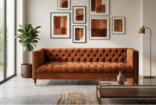 Oranje Sofa Chesterfield Bank Textiel Stof Bankstellen Luxe Meubels 4-Zits