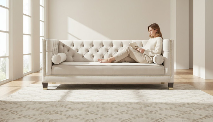 Luxe beige Chesterfield fluwelen driezits gestoffeerde meubels voor hotel woonkamer praktijk.