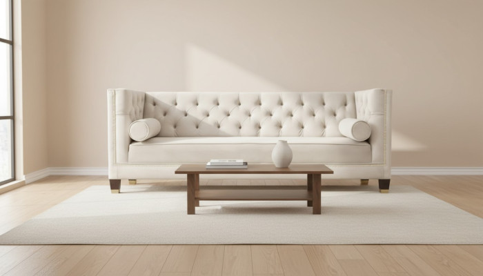 Luxe beige Chesterfield fluwelen driezits gestoffeerde meubels voor hotel woonkamer praktijk.