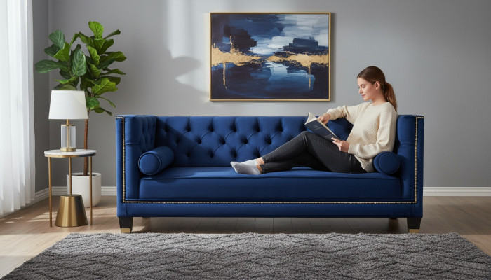 Blauwe Chesterfield driezits stoffen woonkamer ontwerpbanken