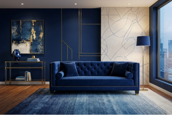 Blauwe Chesterfield driezits stoffen woonkamer ontwerpbanken