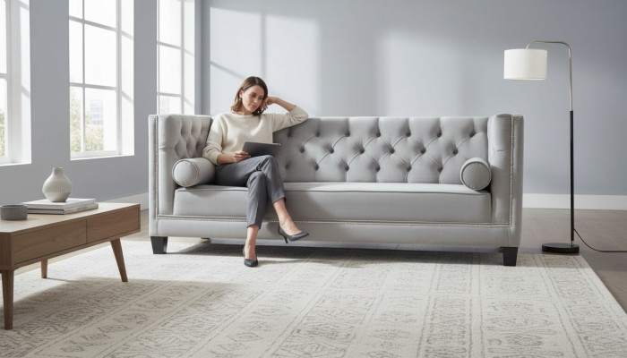 Luxe Grijs Chesterfield Fluweel Driezits Bekleed Meubels Hotel Woonkamer Praktijk