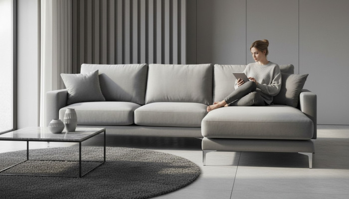 Woonkamer hoekbank Grijs xxl Groot Creatief meubelstuk Textiel stof Chesterfield bankstellen