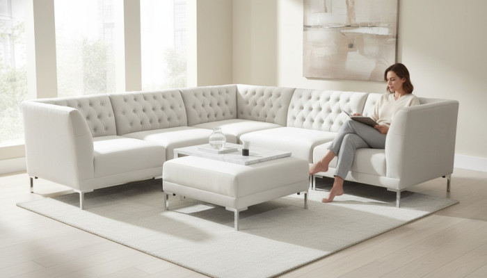 Hoekbank Poef Roomwit Groot Textiel Chesterfield Bankstel Luxe Meubels 2-delig.