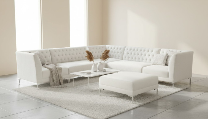 Hoekbank Poef Roomwit Groot Textiel Chesterfield Bankstel Luxe Meubels 2-delig.