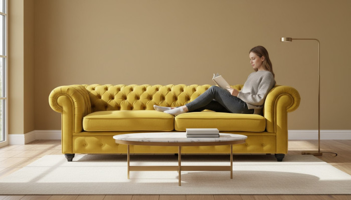 Gele bank met knopen Chesterfield bankstel gestoffeerde zitbank banken luxe nieuw