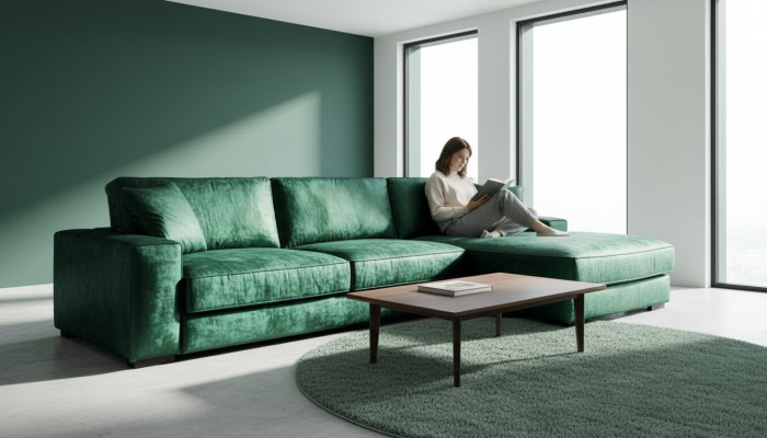 Groene hoekbank van stof met design voor de woonkamer, grote fluwelen nieuwe bankstellen.