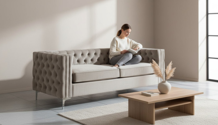 Chesterfield driezits moderne meubels textiel stof fluweel woonkamer luxe banken