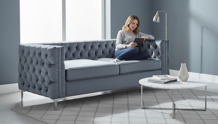 Grijze Chesterfield bank Luxe fluwelen bankstel Knopen gestoffeerde bank Nieuw