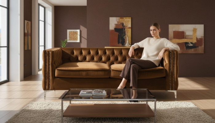 oranje chesterfield bank luxueuze fluwelen stoffen bankstel met knoopdetail nieuwe bekleding