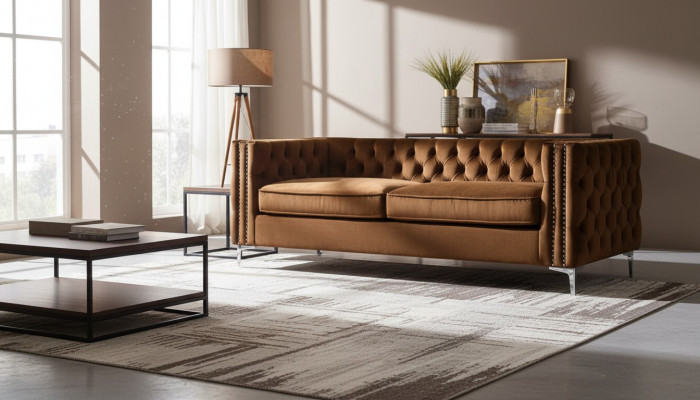 oranje chesterfield bank luxueuze fluwelen stoffen bankstel met knoopdetail nieuwe bekleding