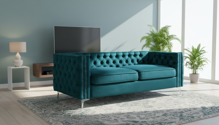 turkooizen chesterfield bank luxe fluwelen stoffen bankstellen bankstel set knopen bekleding nieuw