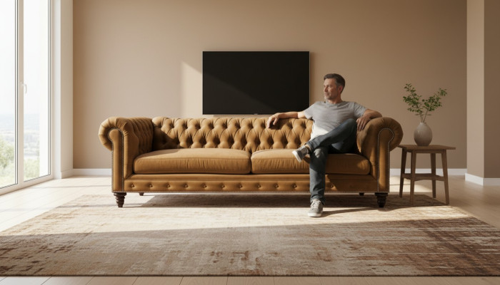 Chesterfield driezitsbank Creatief meubilair Textiel Stof Oranje Nieuw Woonkamer Modern