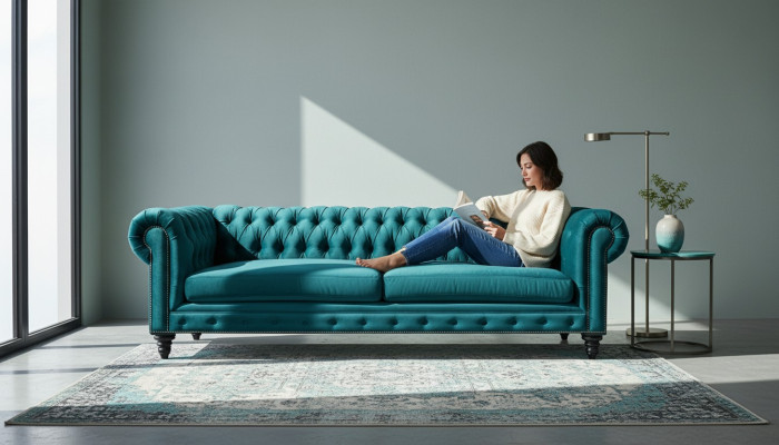 Chesterfield driezitsbank Creatief meubilair Textiel stof Blauwgroen Woonkamer Modern