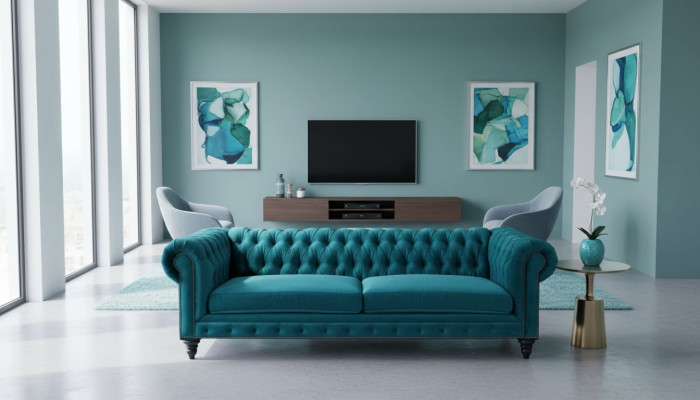 Chesterfield driezitsbank Creatief meubilair Textiel stof Blauwgroen Woonkamer Modern