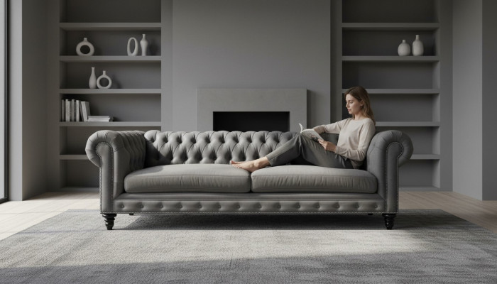 Driepersoons Chesterfield Creatieve Meubels Stof Grijs Nieuw Moderne Woonkamer