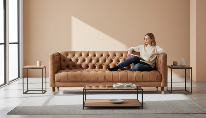 Chesterfield Sofa Driezits Bruin XXL groot Meubilair Leer Woonkamer Modern Nieuw
