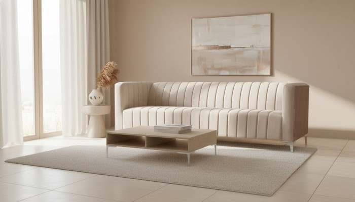 Beige driesitzige stoffen driezitsbank woonkamer design banken gestoffeerd sofa's beige fluweel.