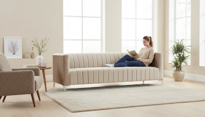 Beige driezits stoffen woonkamer designbanken gestoffeerde sofa's Textiel bank
