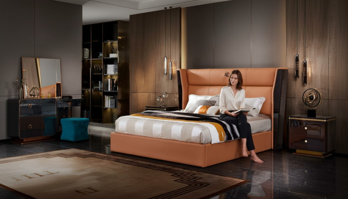 Bed Leer Oranje Slaapkamer Creatieve Moderne Ontwerp Meubels Hout Luxe Bedden