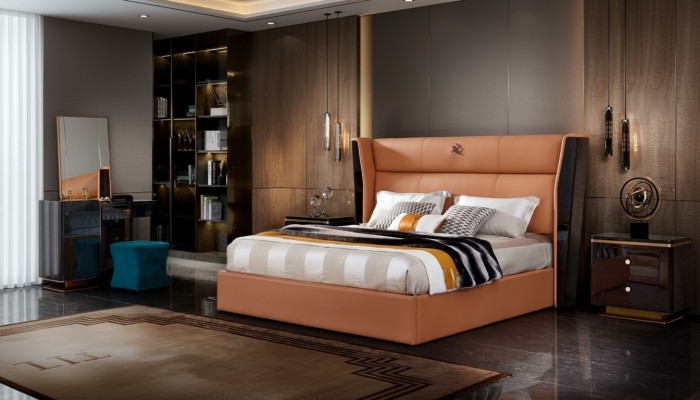 Lederen bed slaapkamer meubel ontwerp groep 3-delige set 2x nachtkastjes.