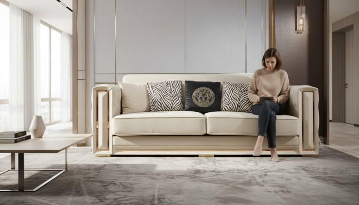 Chesterfield Bank Beige Leer Luxe Woonkamer Ontwerp Banken Bekleding