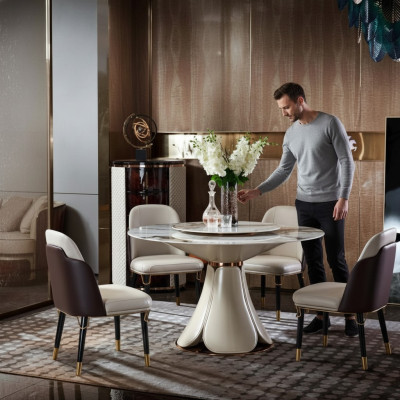 Eettafel 6x stoelen eetkamer lederen tafel stoel rond modern design meubels